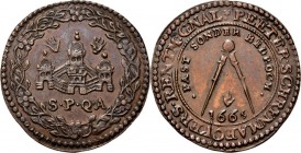 Medals
JETONS - REKENPENNINGEN - ANTWERPEN. PETER SCHRIJNMAKERS, RENTMEESTER GENERAAL. 1665 Kasteel van Antwerpen binnen bloemenkrans. Kz. passer. Du...