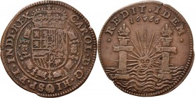 Medals
JETONS - REKENPENNINGEN - ANTWERPEN. TROONSBESTIJGING KAREL II. 1666 Gekroond Spaans wapen met Orde van het Gulden Vlies. Kz. helder schijnend...
