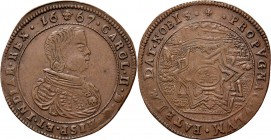 Medals
JETONS - REKENPENNINGEN - BRUSSEL. BOUW VAN DE CITADEL VAN CHARLEROI. 1667 Borstbeeld Karel II naar rechts. Kz. de nieuw gestichte vesting Cha...