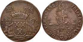 Medals
JETONS - REKENPENNINGEN - BRUSSEL. 1668 Wapen van Van Brouckhoven. Kz. St. Michael bevecht de draak, hieronder een schip.Dugn. 4263; vO. I 131...