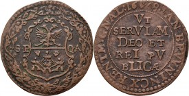 Medals
JETONS - REKENPENNINGEN - ANTWERPEN. 1668 Wapen van Antwerpen binnen bloemenkrans. Kz. 5–regelige tekst in chronogram. Dugn. 4264; TMP 1897. p...