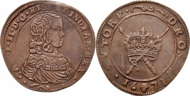 Medals
JETONS - REKENPENNINGEN - KAREL II HEEFT VERTROUWEN IN HEMELSE BESCHERMING. 1671 Jeugdig borstbeeld Karel II naar rechts. Kz. degen en scepter...