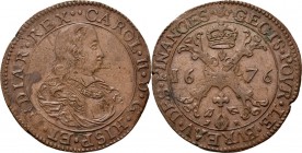 Medals
JETONS - REKENPENNINGEN - ANTWERPEN. REKENKAMER. 1676 Borstbeeld Karel II naar rechts. Kz. Bourgondisch kruis. Dugn. 4361; vO. I 1395. Iets on...
