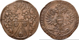 Medals
JETONS - REKENPENNINGEN - BRUSSEL. OORLOG TEGEN DE TURKEN. 1680 Gehelmd wapenschild van J. Heymans. Kz. gekroonde dubbele adelaar met lauwerkr...