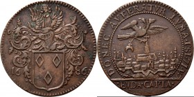 Medals
JETONS - REKENPENNINGEN - JACQUES MADOETS. 1686 Gehelmd wapenschild van J. Madoets tussen jaartal. Kz. Oostenrijkse adelaar boven de stad Buda...