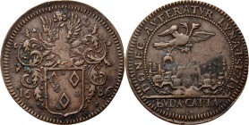 Medals
JETONS - REKENPENNINGEN - JACQUES MADOETS 1686 Gehelmd wapenschild van J. Madoets tussen jaartal. Kz. Oostenrijkse adelaar boven de stad Buda ...