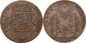 Medals
JETONS - REKENPENNINGEN - GRAAFSCHAP BOURGONDIË. 1704 Wapenschild van Bourgondië op een hermelijnen mantel. Kz. twee Herculeszuilen omgeven do...