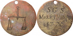 Medals
GILDEN, BRANDWEER, SCHUTTERIJ en AANVERWANTE PENNINGEN / VARIA / MEREAUX - MARKTMEESTER. 1736, Marktmeesters, ONBEKENDE PLAATS Geheel gegravee...