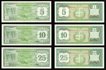 Paper money
Aruba - 5, 10 & 25 Florin 1986 Green. Flag at left, hotels at center. Back: coat-of-arms.P. 1, 2 & 3. On average XF to UNC