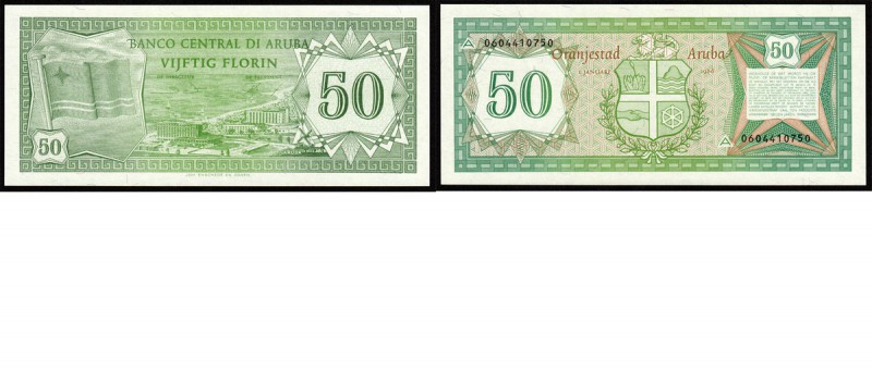 Paper money
Aruba - 50 Florin 1986 Green. Flag at left, hotels at center. Back:...