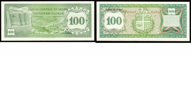 Paper money
Aruba - 100 Florin 1986 Green. Flag at left, hotels at center. Back...