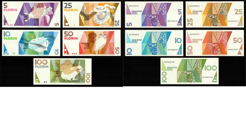 Paper money
Aruba - 5, 10, 25, 50 & 100 Florin 1990 Various designs. Turtle, Sh...