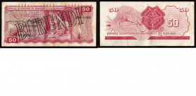 Paper money
Burundi - 50 Francs n.d. (1964 - 01.10.1960) Red. Lioness at right. Large black overprint. Back: ornamental design.P. 4. Foxing and tear ...