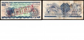 Paper money
Burundi - 100 Francs n.d. (1964 - 31.07.1962) Blue on multicolor underprint. Zebu at left. Large red overprint. Back: ornamental design.P...
