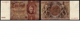 Paper money
Germany, Third Reich - 1000 Reichsmark 1936 Brown and olive. Karl-Friedrich to right. Back: allegorical scene.P. 184 Almost UNC