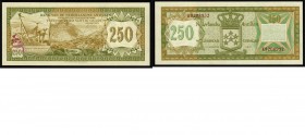 Paper money
Netherlands Antilles - 250 Gulden 1967 Olive-Green on multicolor underprint. Mountains at center, monument at left. Back: coat-of-arms.P....