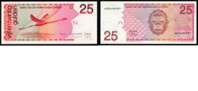 Paper money
Netherlands Antilles - 25 Gulden 1994 Red on multicolor underprint. Flamingo at center. Back: logo of the Bank.P. 24c. UNC
