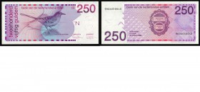 Paper money
Netherlands Antilles - 250 Gulden 1986 Purple and red-violet on multicolor underprint. Mockingbird at center. Back: logo of the Bank.P. 2...