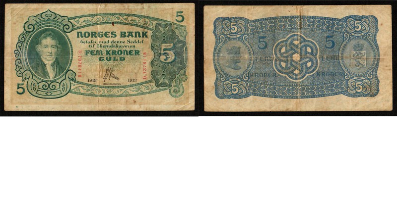 Paper money
Norway - 5 Kroner 1913 Dark green. Christie to left. Back: ornament...