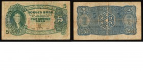 Paper money
Norway - 5 Kroner 1913 Dark green. Christie to left. Back: ornamental design.P. 7a. Minor spots Fine