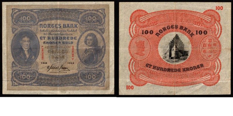 Paper money
Norway - 100 Kroner 1944 Purple. Portrait of Christie at left, Tord...