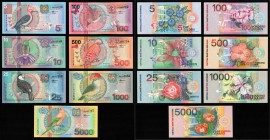 Paper money
Suriname - 5, 10, 25, 100, 500, 1000 & 5000 Gulden 2000 Multicolor. Various birds. Back: flowers.P. 146, P. 147, P. 148, P. 149, P. 150, ...