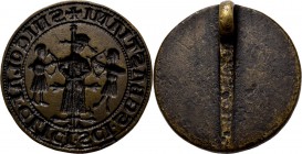 Miscelancious
Bronzen lakzegelstempel. St. Sebastiaan geflankeerd door twee boogschutters. S NICOLAI . CLICI . SCI . SEBASTIANI. 37.2 mm. Bevestiging...