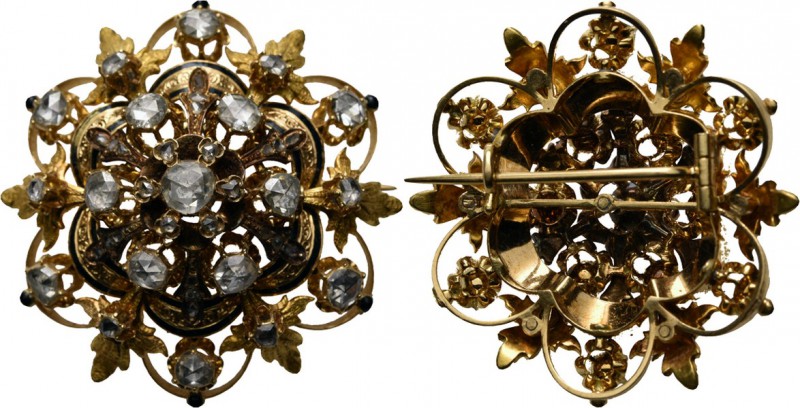 Miscelancious
Gouden broche. Floraal motief, ingelegd met roosgeslepen diamante...