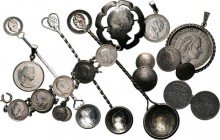 Miscelancious
Lot muntsieraden. Bestaande uit drie zilveren lepeltjes, twee manchetknopen, een broche vervaardigd uit twee Kwartjes Willem I, een uit...