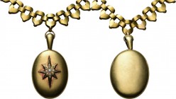 Miscelancious
Rouwmedaillon aan gouden ketting. Het medaillon is voorzien van parels aan de buitenzijde, binnenin links een foto van een man, rechts ...