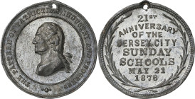 1876 Jersey City Sunday Schools Medal. Third Obverse. Musante GW-860, Baker-373B. White Metal. About Uncirculated.
28.4 mm. Pierced for suspension. L...