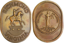 Undated (mid-20th century?) Official "George on a Horse" Medal of Richmond, Virginia. Baker-Unlisted. Yellow Bronze. About Uncirculated.
79.5 mm x 58...