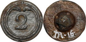 (ca. 1780) Revolutionary War Button. Cast Metal.
13 mm. 57.3 grains. Original shank present. The front of the button is marked with a 2 surrounded by...