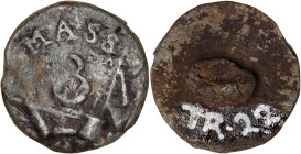(ca. 1780) Revolutionary War Button. Cast Metal.
11.3 mm. 43.2 grains. Original shank present, yet crushed and damaged. The front of the button is ma...