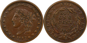 1837 Liberty - Not One Cent. HT-46, Low-31, W-11-120a. Rarity-2. Copper. Plain Edge. AU-58 (PCGS).
28 mm.
PCGS# 77497.
From the Sydney F. Martin Co...
