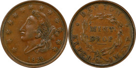 1838 Mint Drop. HT-63, Low-55, DeWitt-CE 1838-14, W-11-430a. Rarity-1. Copper. Plain Edge. AU-53 (PCGS).
29 mm.
PCGS# 77533.
From the Sydney F. Mar...