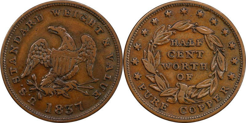 1837 Half Cent. HT-73, Low-49, W-11-710a. Rarity-1. Copper. Plain Edge. VF-25 (P...