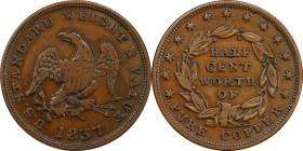 1837 Half Cent. HT-73, Low-49, W-11-710a. Rarity-1. Copper. Plain Edge. VF-25 (PCGS).
23.5 mm.
PCGS# 77331.
From the Sydney F. Martin Collection.
...
