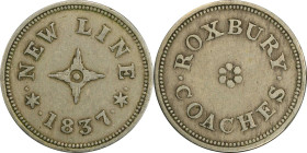 MASSACHUSETTS. Roxbury. 1837 Roxbury Coaches. HT-169, Low-129, W-MA-300-10j. Rarity-3. German Silver. Plain Edge. EF-45 (PCGS).
18.7 mm.
PCGS# 77616...
