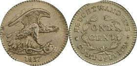 NEW YORK. New York. 1837 Feuchtwanger Cent. HT-268, Low-120, W-NY-480 Dies 6-I. Rarity-1. German Silver. Reeded Edge. MS-63 (PCGS).
18.5 mm.
PCGS# 2...