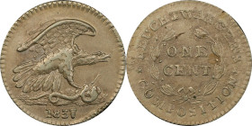 NEW YORK. New York. 1837 Feuchtwanger Cent. HT-268, Low-120, W-NY-480 Dies 3-G. Rarity-6. German Silver. Reeded Edge. AU-58 (PCGS).
18.5 mm. Prominen...