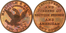 NEW YORK. New York. Undated (1850s) Malcolm & Gaul. Miller-NY 515. Copper. Plain Edge. MS-65 RB (PCGS).
29 mm.
From the Sydney F. Martin Collection....