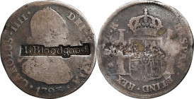 NEW YORK. Utica. L BLOODGOOD within a fitted rectangular punch on the obverse of a Spanish colonial 1793-PTS PR 2 reales. Brunk B-798, Rulau-E NY 1033...