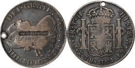 C.C. CHURCH within a rectangular punch on the obverse of a Spanish colonial 1805-Mo TH 8 reales. Brunk-Unlisted, Rulau-Unlisted. Host coin Very Fine, ...