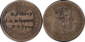H.J. CORY / J.O. MEGQUIR[E] / W.H. UPTON on the obverse of a Spanish colonial 1790-Mo FM CAROLUS IV 2 reales. Brunk C-953, Brunk M-575, Brunk U-47. Go...