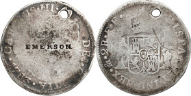 EMERSON on the obverse of a Spanish colonial 1783-Mo FF 2 reales. Brunk E-148, Rulau-Unlisted. Host coin Good, Holed.
Brunk (2003) reports only an 18...