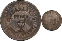 PENNSYLVANIA. Philadelphia. R. FLANAGAN'S / PUNCH / (punch bowl) / 112. N. 6TH ST on the obverse of a Spanish colonial 1791-LM IJ 2 reales. Brunk F-24...