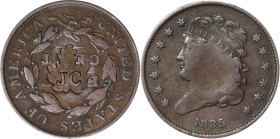 JC within an incuse maple leaf on the reverse of an 1835 Classic Head half cent. Brunk-Unlisted, Rulau-Unlisted. Host coin Very Fine.
From the Sydney...