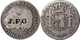 J.F.G. on the obverse of a Spanish colonial 1795-LM IJ 2 reales. Brunk-Unlisted, Rulau-Unlisted. Host coin Fine, Cleaned.
From the Sydney F. Martin C...