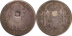 JR in cursive script within a rectangular punch on the obverse of a Spanish colonial 1799-Mo FM 8 reales. Brunk-Unlisted, Rulau-Unlisted. VF-20 (PCGS)...